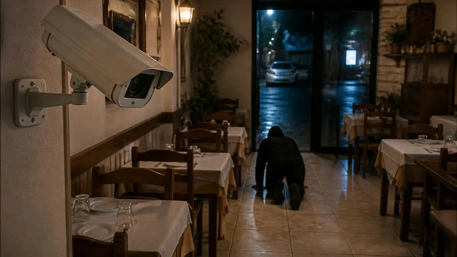 Symbolbild: Überwachungskamera in einem Restaurant und eine nicht erkennbare Person am Boden