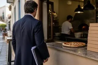 Symbolbild eines Pizza-Imbisses in Griechenland mit einer Person und Unterlagen