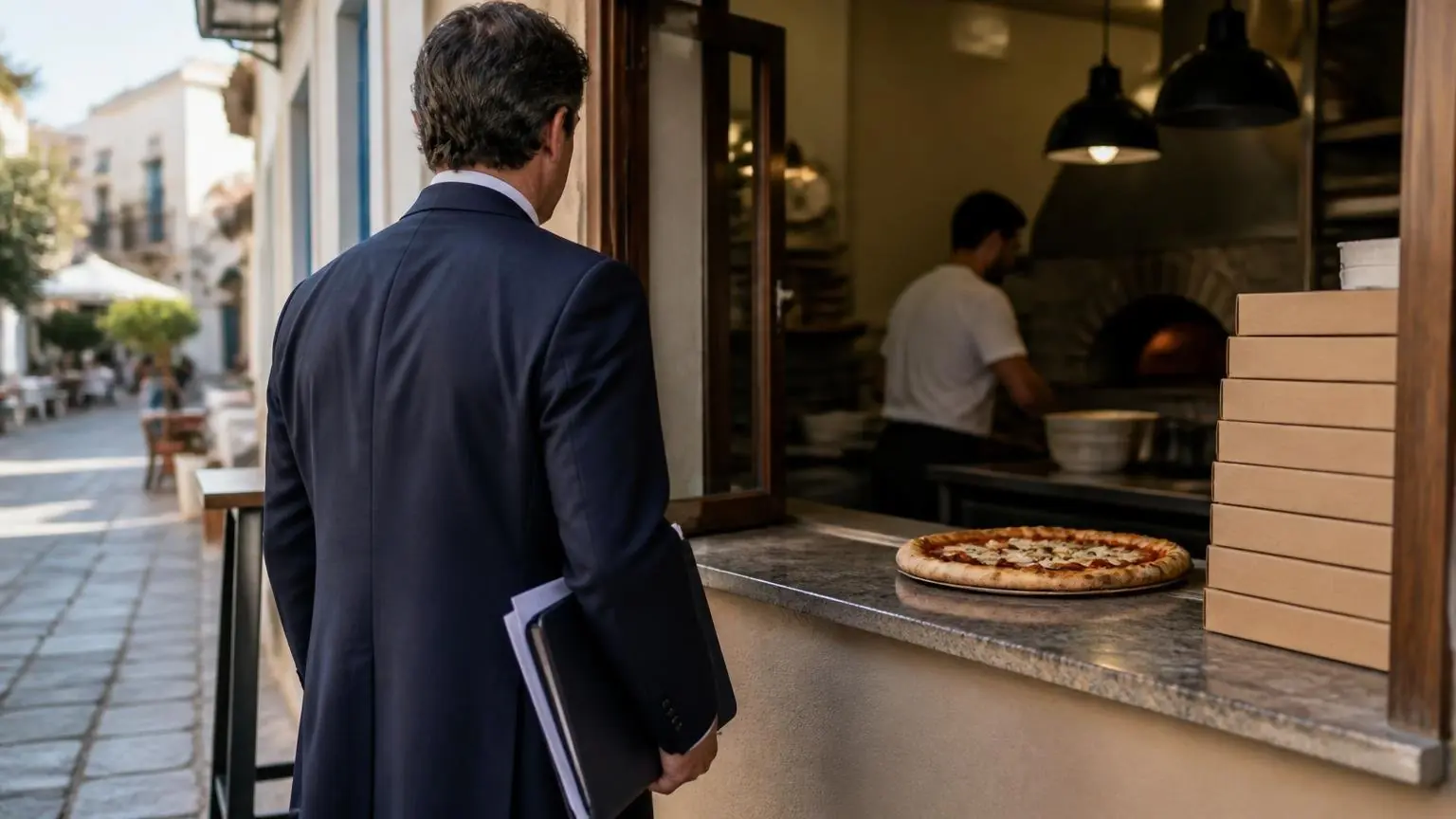 Symbolbild eines Pizza-Imbisses in Griechenland mit einer Person und Unterlagen