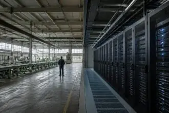 Συμβολική απεικόνιση μετατροπής πρώην εργοστασίου Playmobil σε κέντρο δεδομένων τεχνητής νοημοσύνης