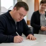 Πολίτης συμπληρώνει ψηφοδέλτιο σε τραπέζι ψηφοφορίας, ενώ δεύτερο άτομο στέκεται διακριτικά κοντά του.