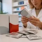 Συμβολική εικόνα με συσκευασίες προφυλακτικών και φαρμακοποιό που ελέγχει στοιχεία παρτίδας