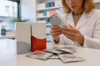 Συμβολική εικόνα με συσκευασίες προφυλακτικών και φαρμακοποιό που ελέγχει στοιχεία παρτίδας
