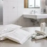 Ταμπόν και συσκευασμένες σερβιέτες σε πάγκο χώρου υγιεινής εκπαιδευτικού κτιρίου