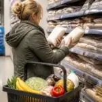 Καταναλωτής συγκρίνει προϊόντα μπροστά σε ράφια σούπερ μάρκετ, με καλάθι που περιέχει φρούτα και βασικά είδη διατροφής.