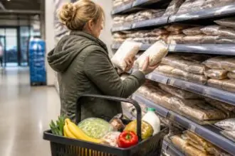 Καταναλωτής συγκρίνει προϊόντα μπροστά σε ράφια σούπερ μάρκετ, με καλάθι που περιέχει φρούτα και βασικά είδη διατροφής.