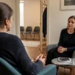 Ψυχοθεραπευτής συνομιλεί με ασθενή σε χώρο ψυχοθεραπευτικής συνεδρίας στη Γερμανία.