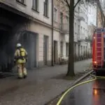 Πυροσβέστες μπροστά σε κτίριο με ισόγειο κατάστημα και σημάδια καπνού, δίπλα σε πυροσβεστικό όχημα σε δρόμο του Βερολίνου.