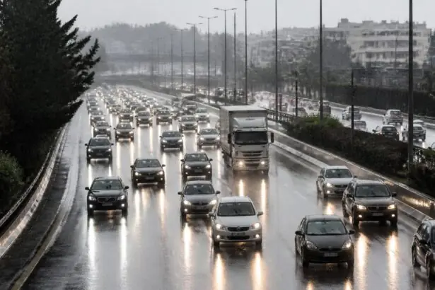 Autos fahren bei starkem Regen auf einer mehrspurigen Straße im Großraum Athen.