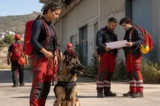 Symbolbild eines Rettungsteams mit Rettungshund bei einer Übung auf Kreta