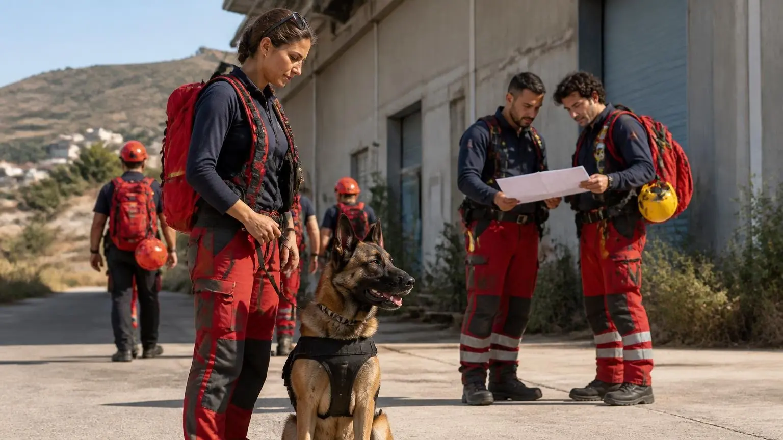 Symbolbild eines Rettungsteams mit Rettungshund bei einer Übung auf Kreta