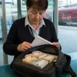 Ανοιχτό σακίδιο με δεσμίδες χαρτονομισμάτων ευρώ και έγγραφα σε χώρο απολεσθέντων σιδηροδρομικού σταθμού.