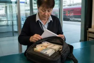 Ανοιχτό σακίδιο με δεσμίδες χαρτονομισμάτων ευρώ και έγγραφα σε χώρο απολεσθέντων σιδηροδρομικού σταθμού.