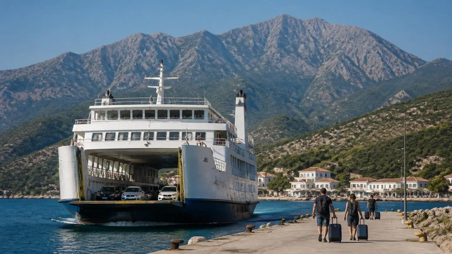 Symbolbild einer Autofähre vor der bergigen Küste der griechischen Insel Samothraki