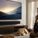 Συμβολική απεικόνιση έξυπνης τηλεόρασης Samsung με συνδεδεμένη soundbar σε οικιακό καθιστικό