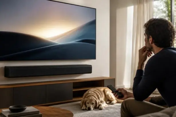 Συμβολική απεικόνιση έξυπνης τηλεόρασης Samsung με συνδεδεμένη soundbar σε οικιακό καθιστικό