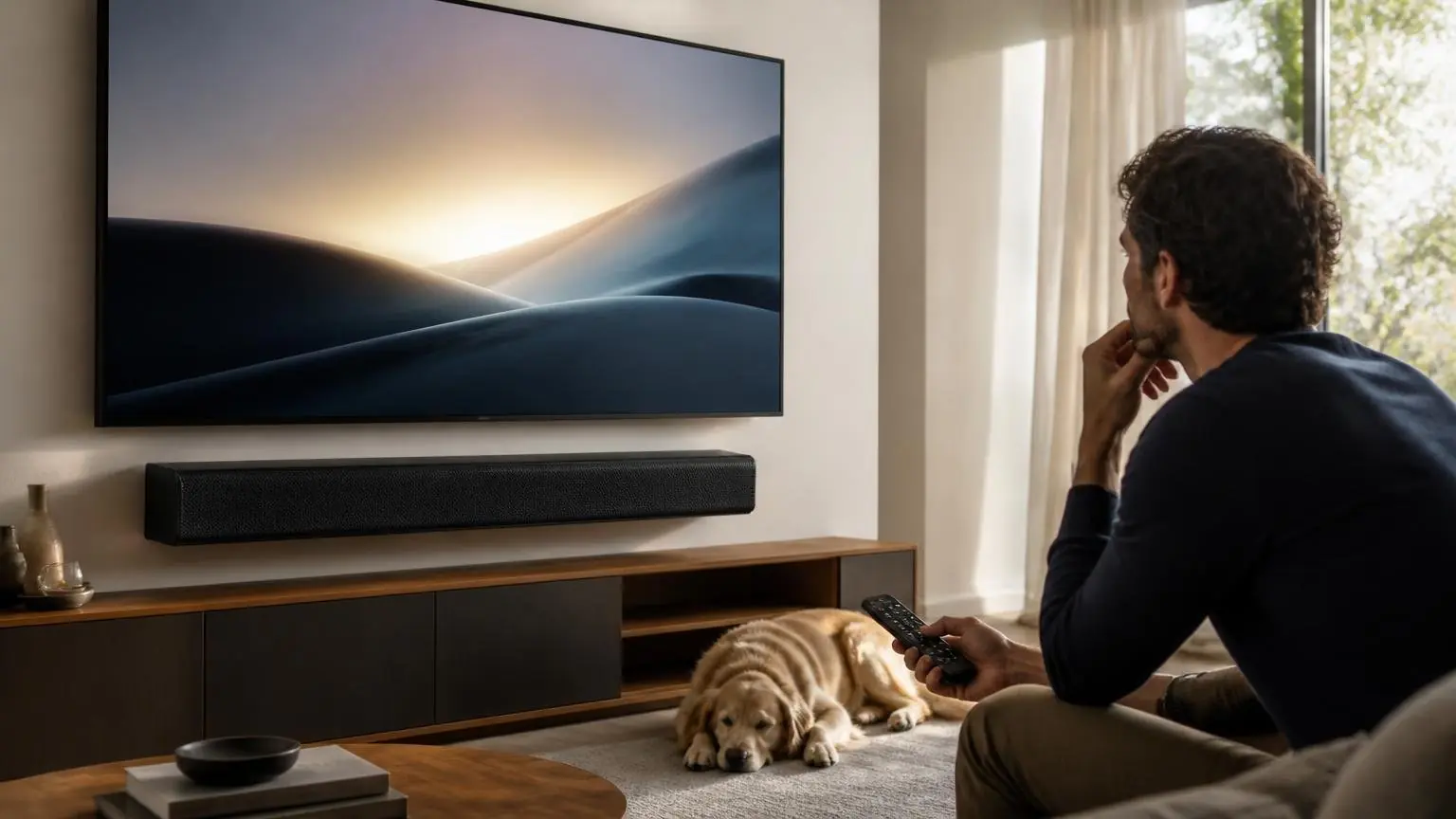 Συμβολική απεικόνιση έξυπνης τηλεόρασης Samsung με συνδεδεμένη soundbar σε οικιακό καθιστικό