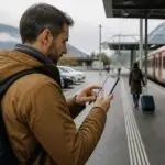 Επιβάτης χρησιμοποιεί κινητό κοντά σε χώρο στάθμευσης και ελβετικό σιδηροδρομικό σταθμό, συμβολική εικόνα για τις αλλαγές SBB Mobile