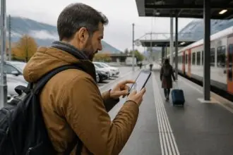 Επιβάτης χρησιμοποιεί κινητό κοντά σε χώρο στάθμευσης και ελβετικό σιδηροδρομικό σταθμό, συμβολική εικόνα για τις αλλαγές SBB Mobile