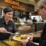 Υπάλληλος σε εστιατόριο Migros σερβίρει φαγητό στο πιάτο πελάτη, μπροστά από τον μπουφέ.