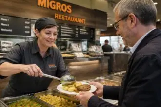 Υπάλληλος σε εστιατόριο Migros σερβίρει φαγητό στο πιάτο πελάτη, μπροστά από τον μπουφέ.