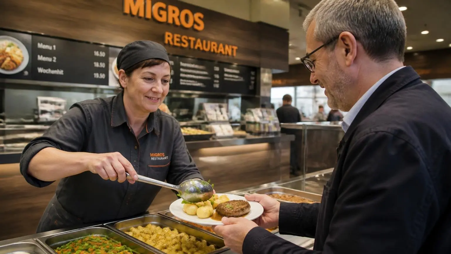 Υπάλληλος σε εστιατόριο Migros σερβίρει φαγητό στο πιάτο πελάτη, μπροστά από τον μπουφέ.