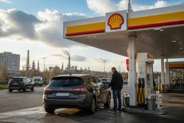 Πρατήριο καυσίμων της Shell με οδηγό που ανεφοδιάζει αυτοκίνητο, συμβολική εικόνα για τα αυξημένα κέρδη του ομίλου
