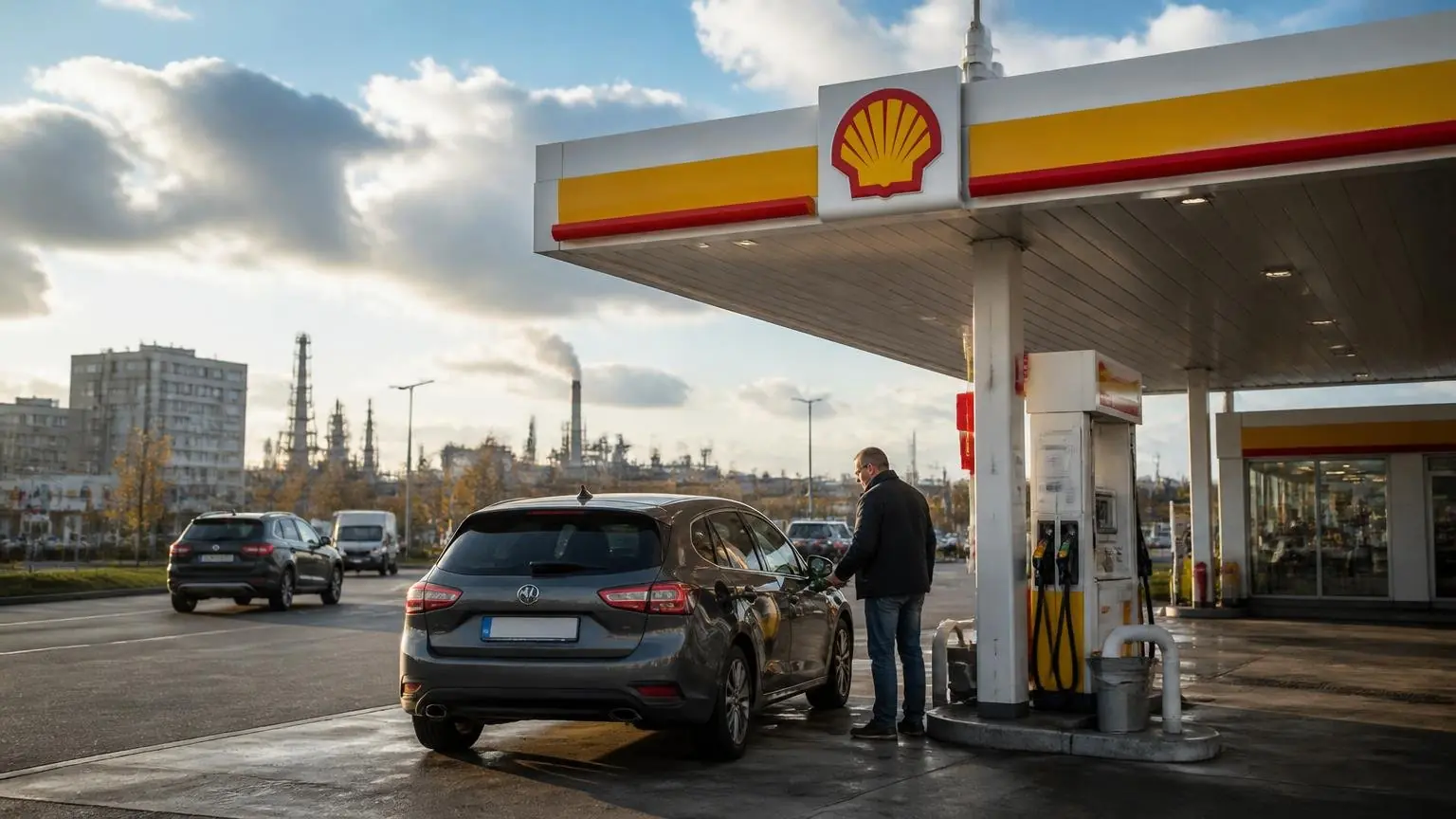 Πρατήριο καυσίμων της Shell με οδηγό που ανεφοδιάζει αυτοκίνητο, συμβολική εικόνα για τα αυξημένα κέρδη του ομίλου