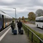 Επιβάτες κατευθύνονται προς λεωφορείο αντικατάστασης κοντά σε σταθμευμένο περιφερειακό τρένο και σιδηροδρομικά έργα
