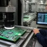 Ηλεκτρονική πλακέτα κάτω από σύστημα οπτικού ελέγχου σε βιομηχανικό περιβάλλον, με τεχνικό δίπλα στη γραμμή παραγωγής.