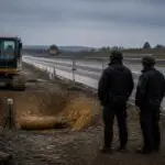 Συμβολική εικόνα αποκλεισμένου εργοταξίου κοντά στην A5 με πυροτεχνουργούς και εκσκαφέα
