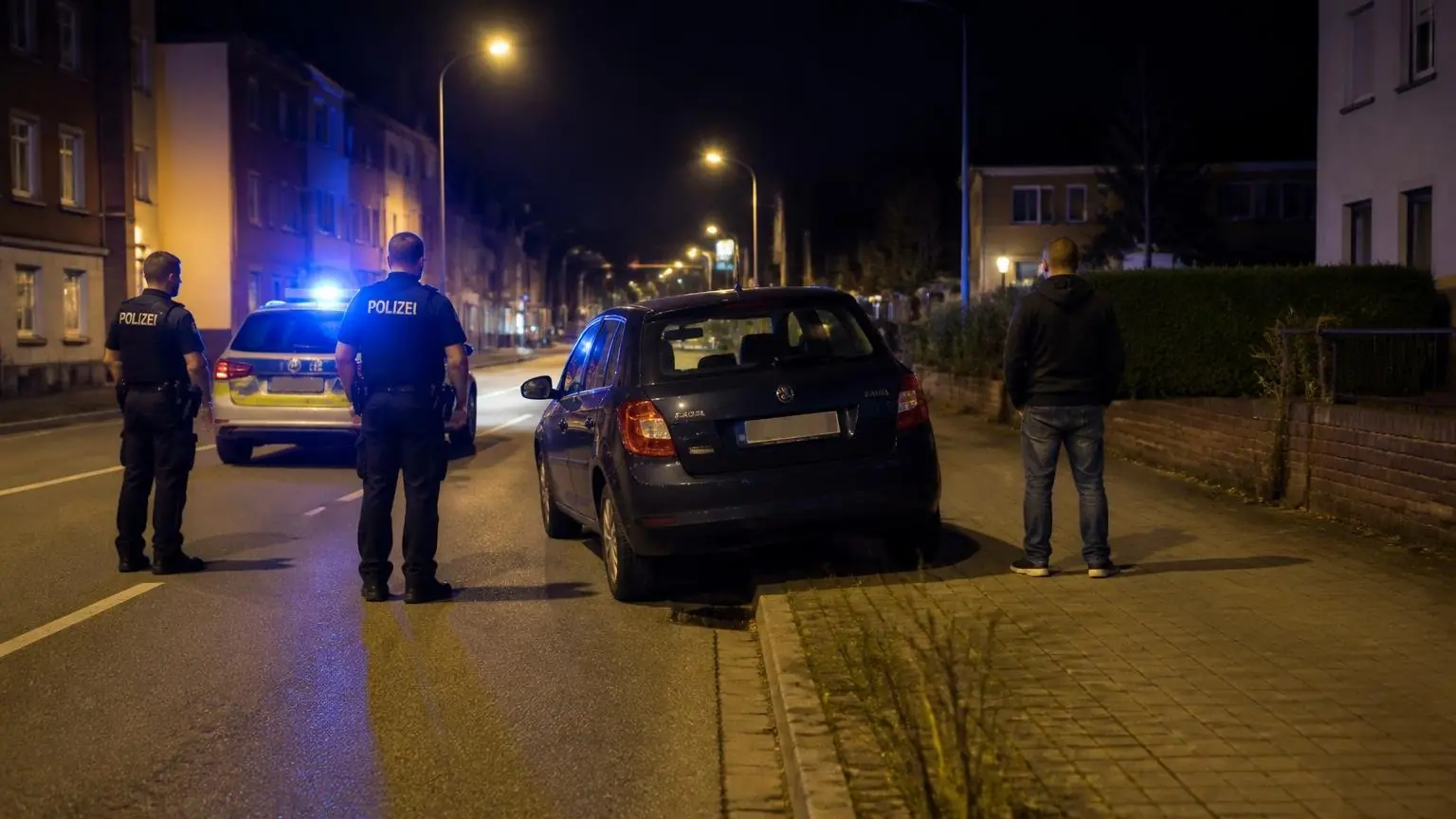 Συμβολική νυχτερινή εικόνα Skoda Fabia σε γερμανικό δρόμο με αστυνομικό περιπολικό και μπλε φάρους