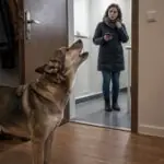 Σκύλος γαβγίζει κοντά στην είσοδο διαμερίσματος, ενώ γυναίκα στέκεται στον διάδρομο πολυκατοικίας.