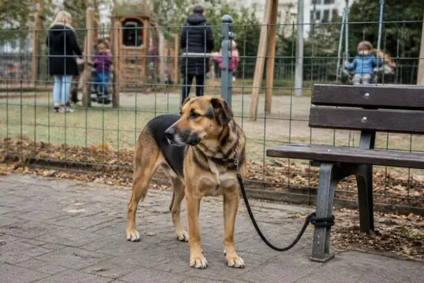 Σκύλος δεμένος με λουρί σε παγκάκι δίπλα στην περίφραξη παιδικής χαράς.