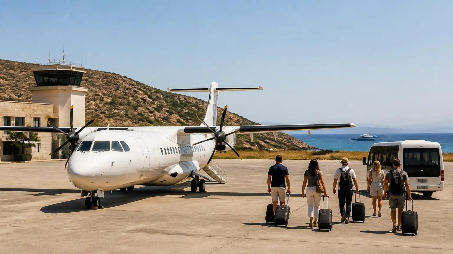 Reisende mit Gepäck neben einem Regionalflugzeug auf einem griechischen Inselflughafen, symbolische Darstellung