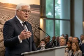 Συμβολική απεικόνιση του Frank-Walter Steinmeier να μιλά σε τελετή περιβαλλοντικού βραβείου