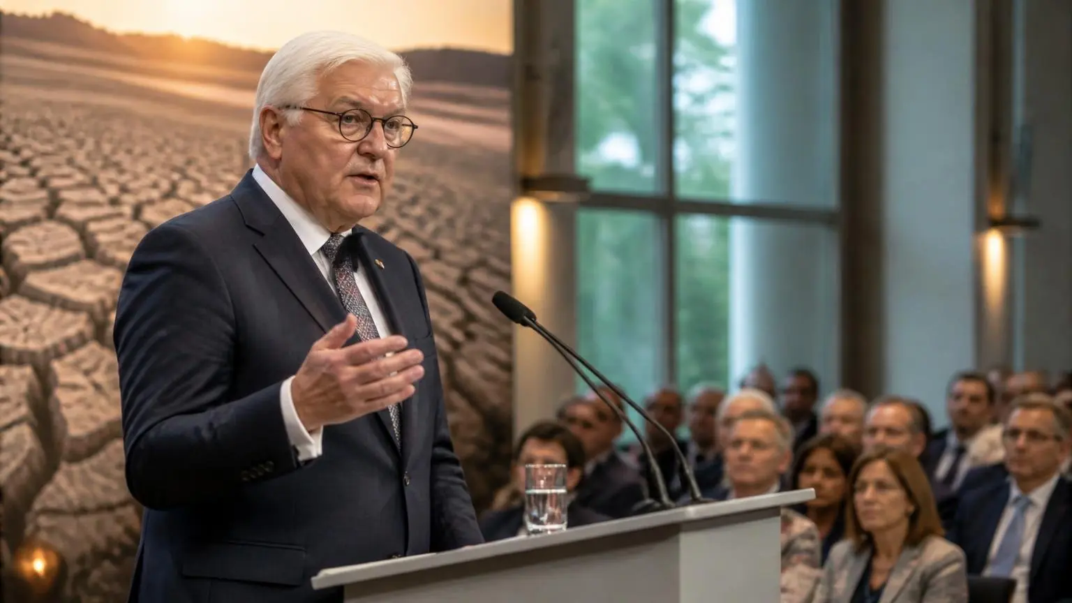 Συμβολική απεικόνιση του Frank-Walter Steinmeier να μιλά σε τελετή περιβαλλοντικού βραβείου