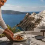 Symbolbild einer gehobenen Restaurantterrasse auf Santorini mit mediterranem Gericht und Blick auf die Caldera