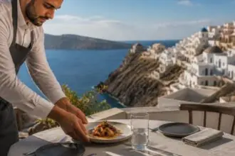 Symbolbild einer gehobenen Restaurantterrasse auf Santorini mit mediterranem Gericht und Blick auf die Caldera