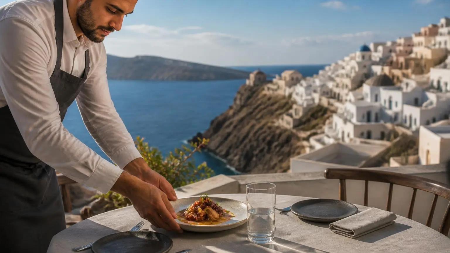 Symbolbild einer gehobenen Restaurantterrasse auf Santorini mit mediterranem Gericht und Blick auf die Caldera