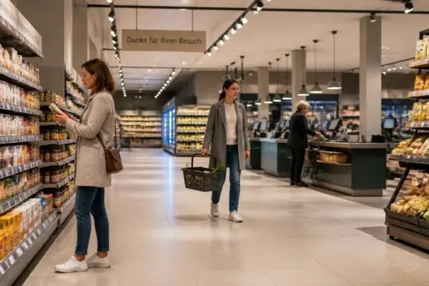 Ήρεμος διάδρομος σούπερ μάρκετ με λίγους πελάτες στη Γερμανία