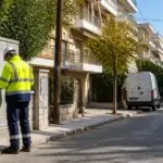 Symbolbild eines Elektrikers an einem Stromverteiler in einer Wohnstraße in Attika