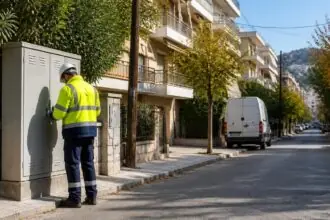 Symbolbild eines Elektrikers an einem Stromverteiler in einer Wohnstraße in Attika