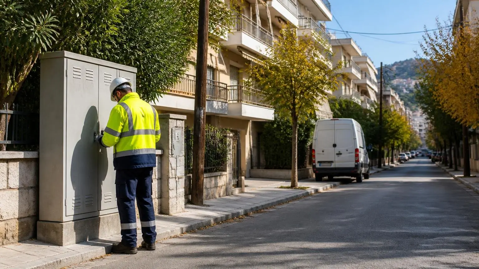 Symbolbild eines Elektrikers an einem Stromverteiler in einer Wohnstraße in Attika