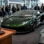 Σκούρα πράσινη Lamborghini Aventador σε συμβολική σκηνή δημοπρασίας πολυτελών ειδών στη Στουτγάρδη