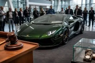 Σκούρα πράσινη Lamborghini Aventador σε συμβολική σκηνή δημοπρασίας πολυτελών ειδών στη Στουτγάρδη