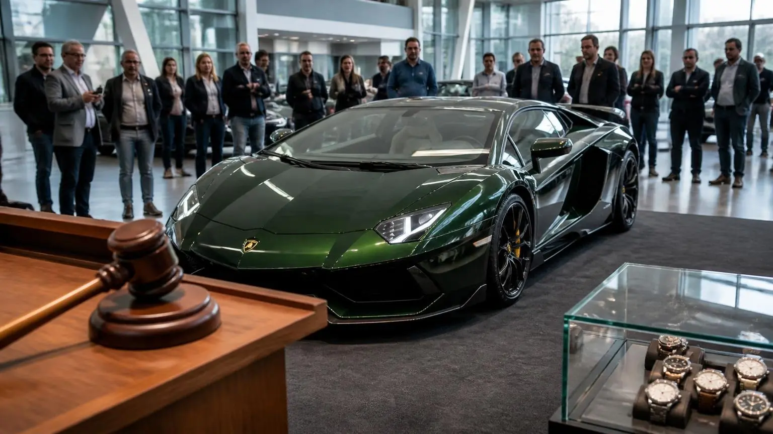 Σκούρα πράσινη Lamborghini Aventador σε συμβολική σκηνή δημοπρασίας πολυτελών ειδών στη Στουτγάρδη