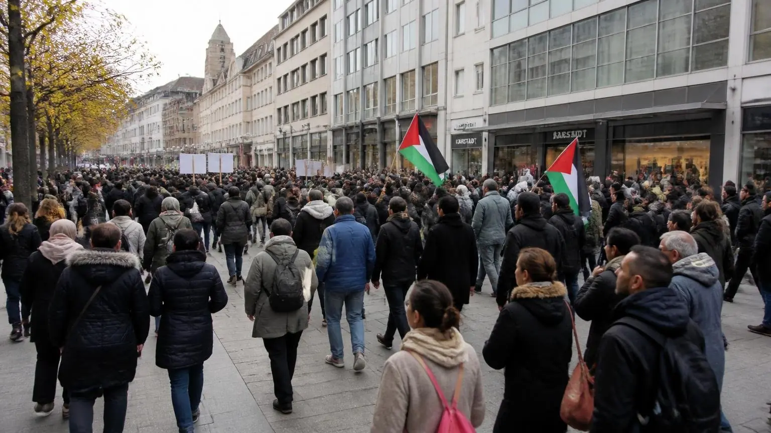 Πλήθος διαδηλωτών με πλακάτ και παλαιστινιακές σημαίες στο κέντρο γερμανικής πόλης, σε συμβολική εικόνα