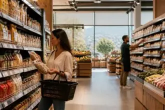 Symbolbild eines gut besuchten Supermarkts mit Einkaufsregalen in Griechenland