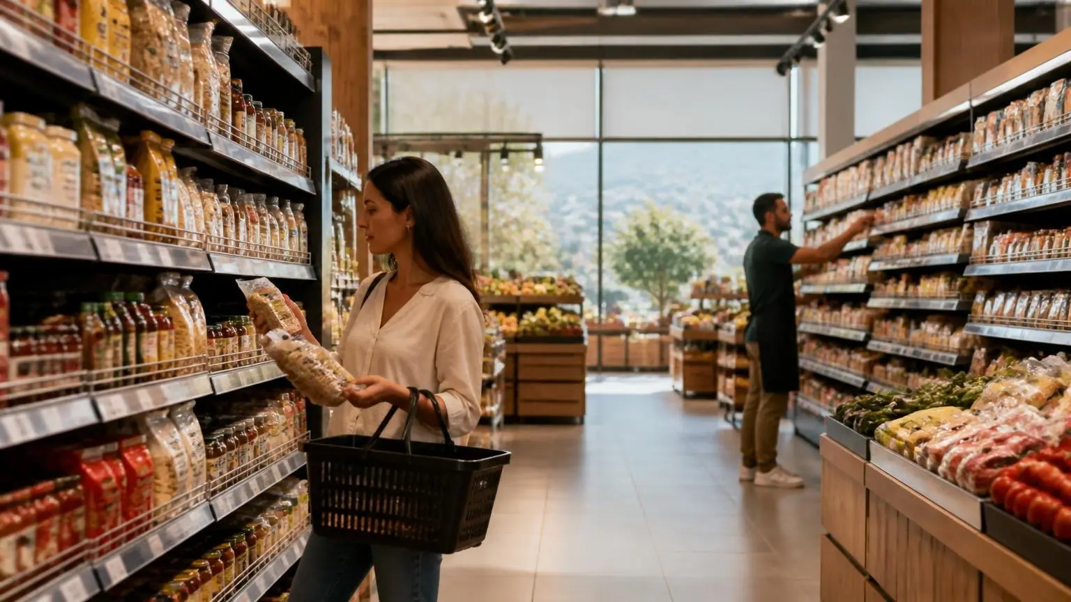 Symbolbild eines gut besuchten Supermarkts mit Einkaufsregalen in Griechenland